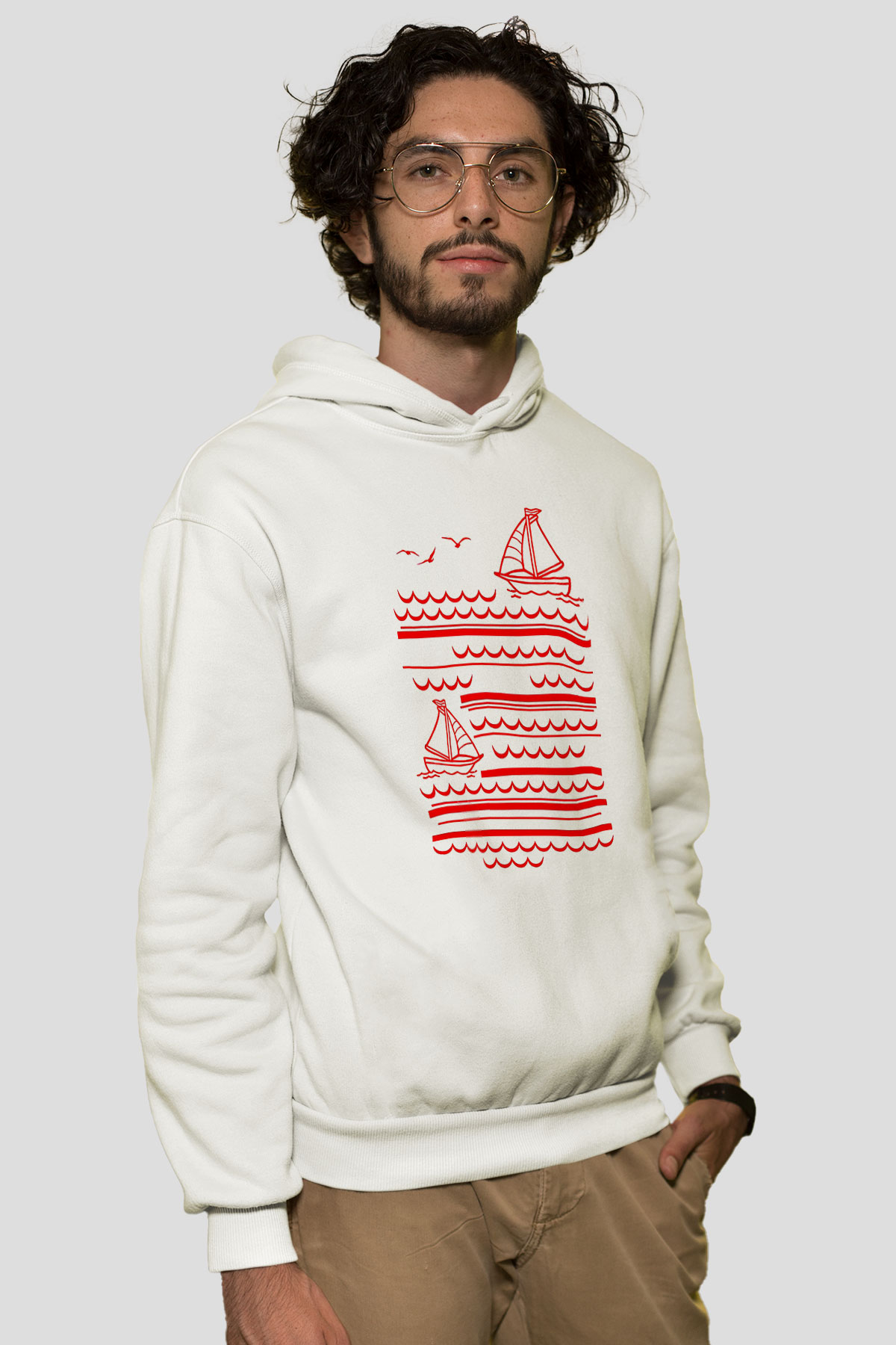 Yelken Baskılı Unisex Ekru Hoodie