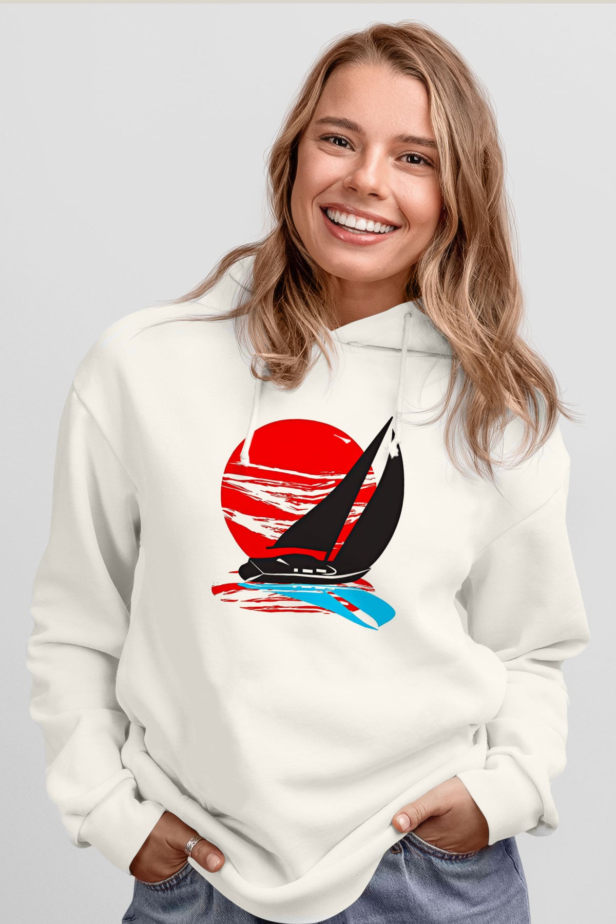 Yelken Baskılı Unisex Ekru Hoodie