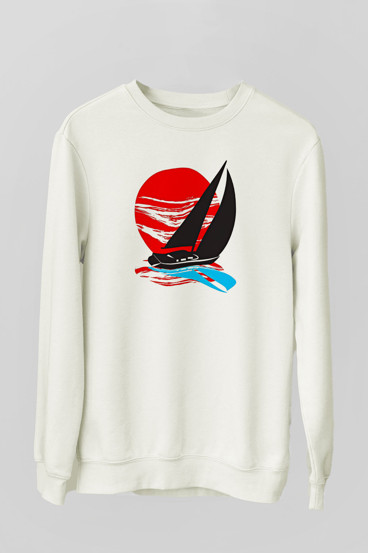 Yelken Baskılı Unisex Ekru Sweatshirt