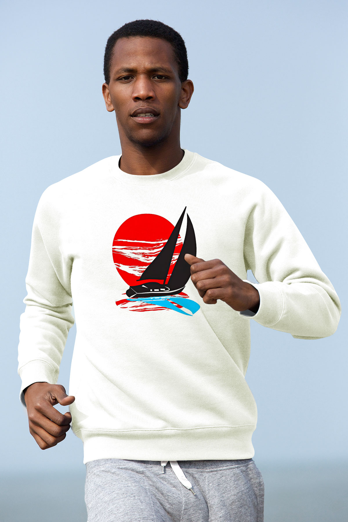 Yelken Baskılı Unisex Ekru Sweatshirt