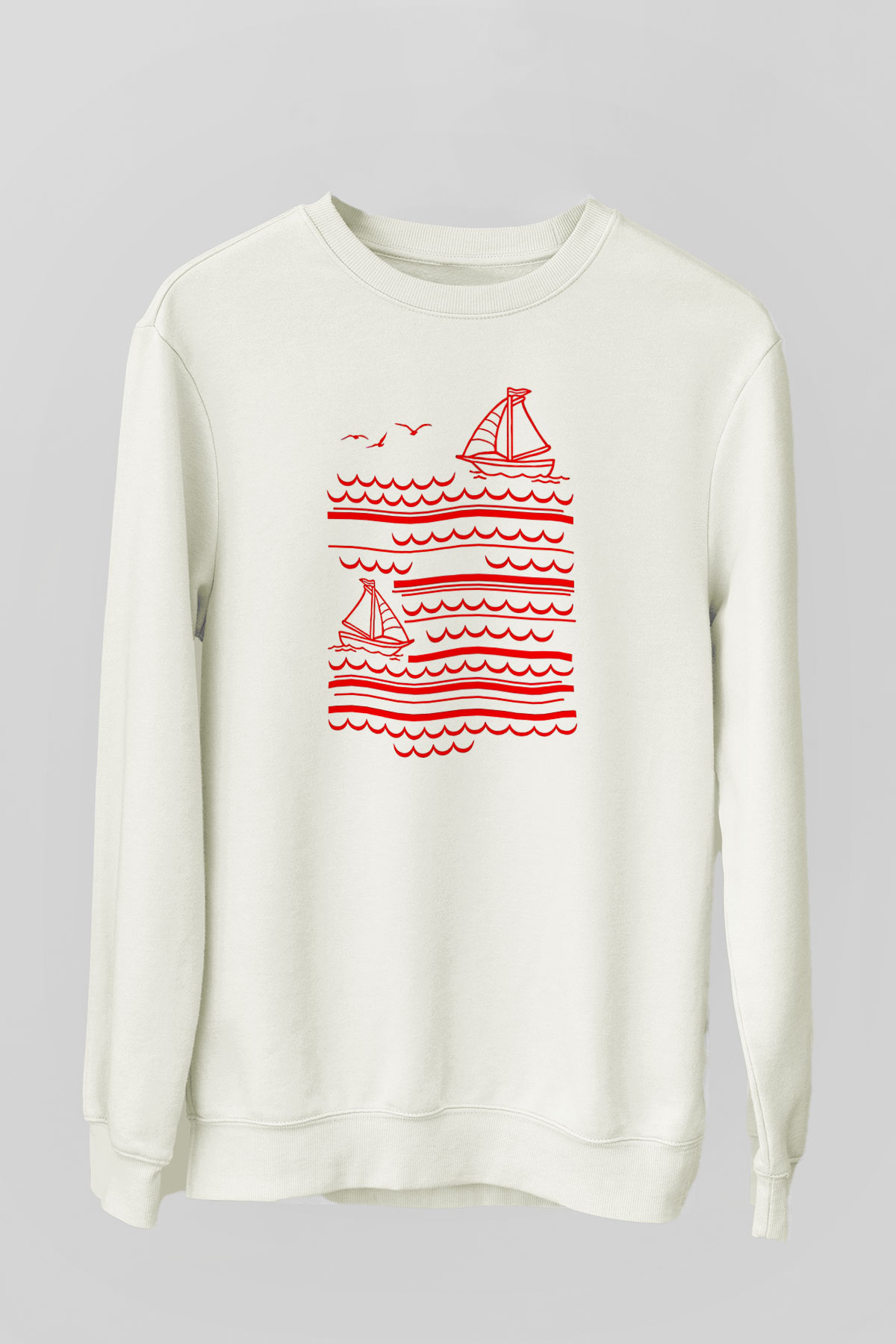 Yelken Baskılı Unisex Ekru Sweatshirt