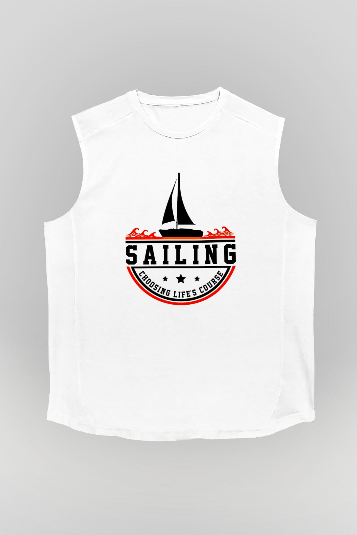 Yelken Baskılı Unisex Kolsuz Beyaz Tişört