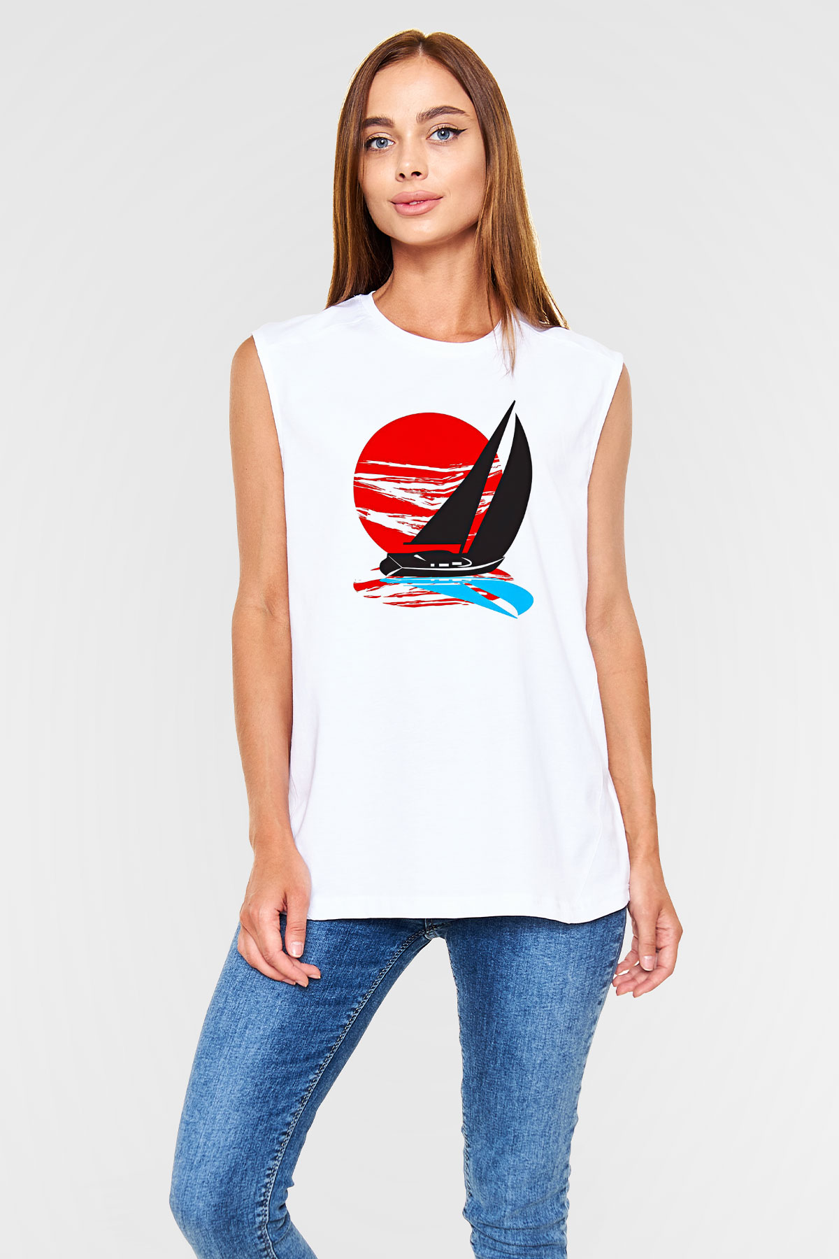 Yelken Baskılı Unisex Kolsuz Beyaz Tişört