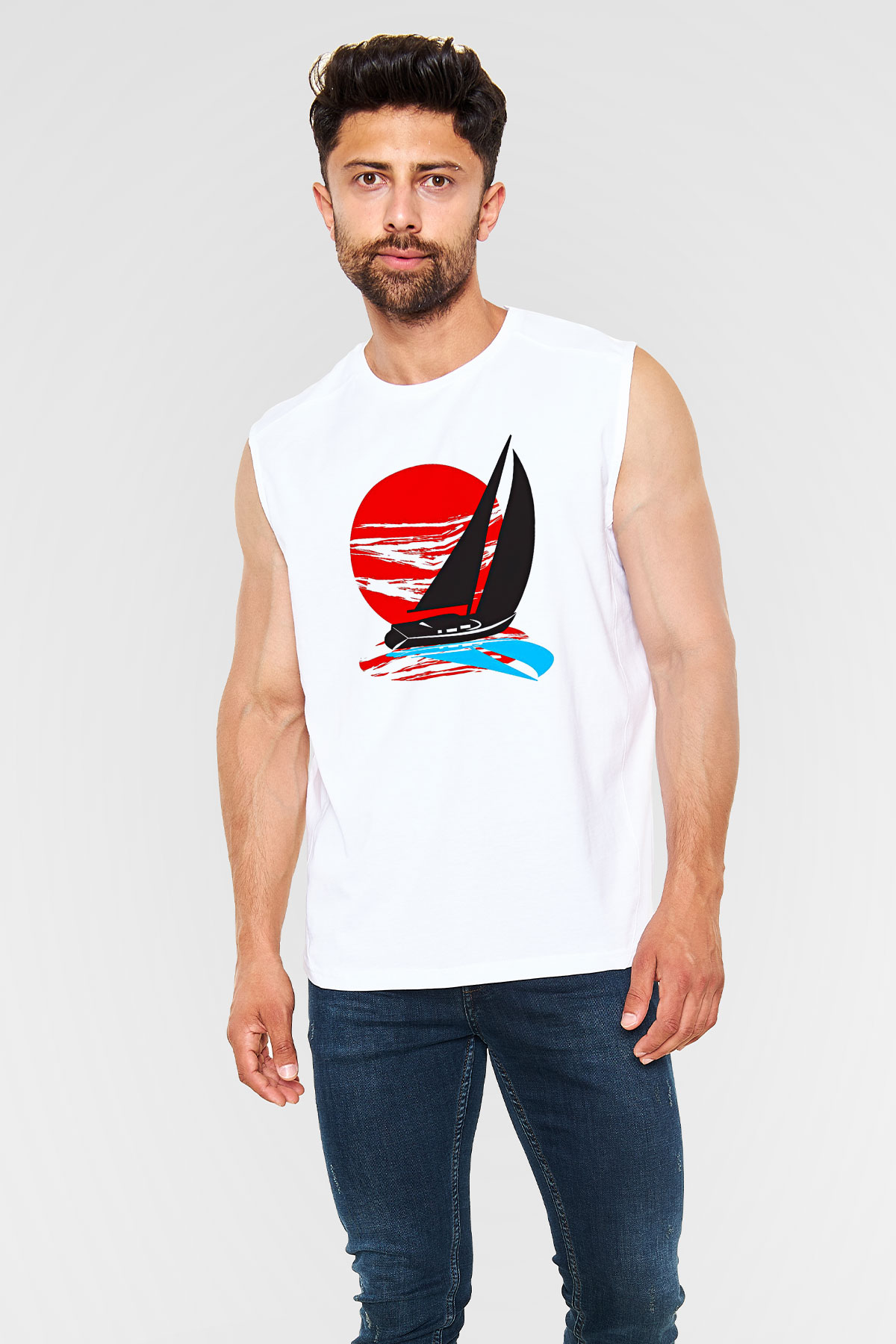 Yelken Baskılı Unisex Kolsuz Beyaz Tişört