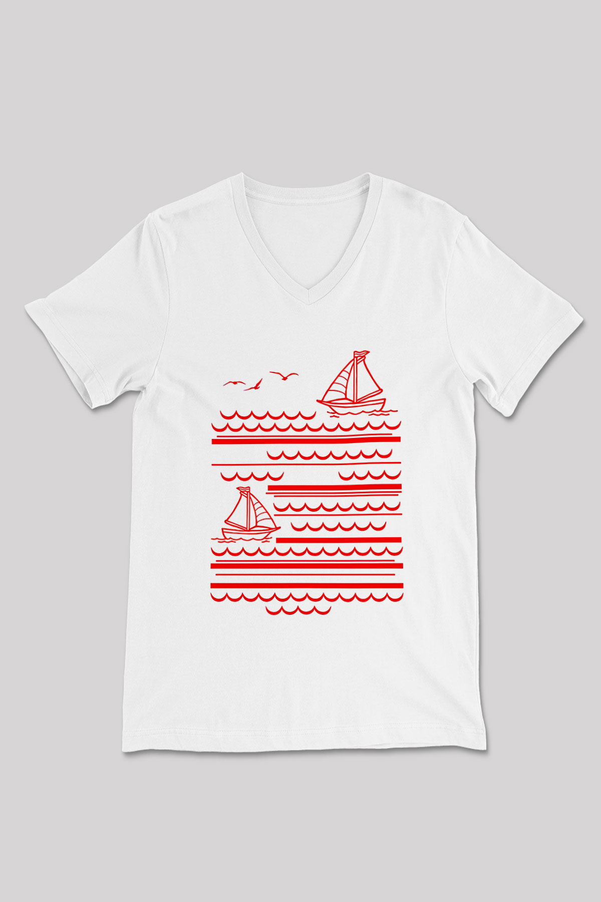 Yelken Baskılı Unisex V Yaka Tişört - Tshirt