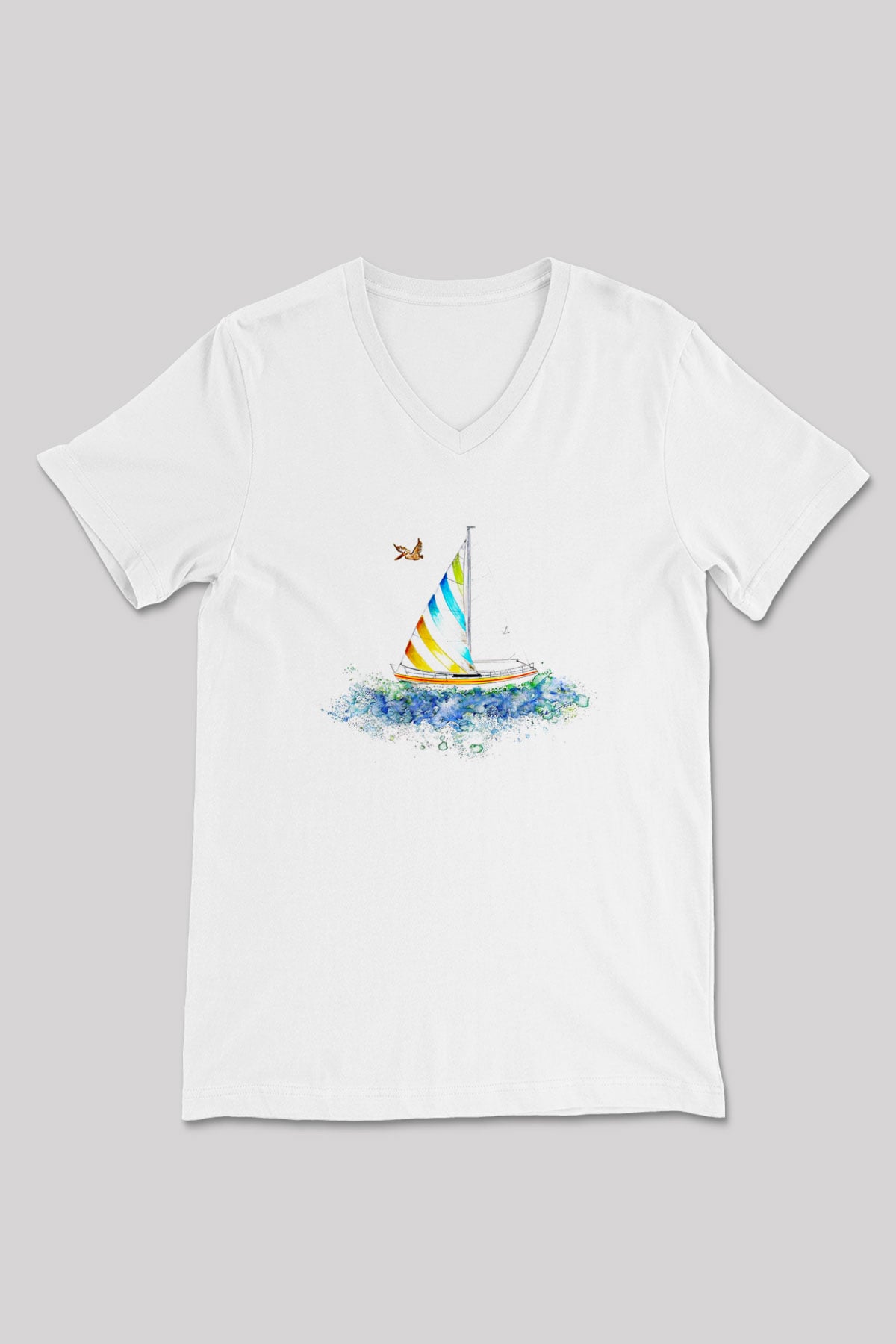 Yelken Baskılı Unisex V Yaka Tişört - Tshirt