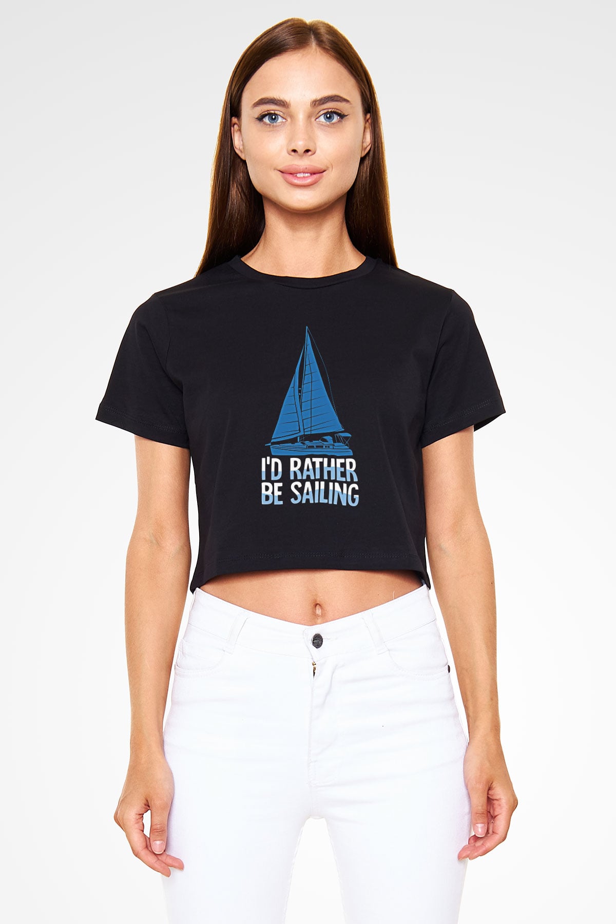 Yelken - Sail Baskılı Crop Top Siyah Kadın Tişört - Tshirt