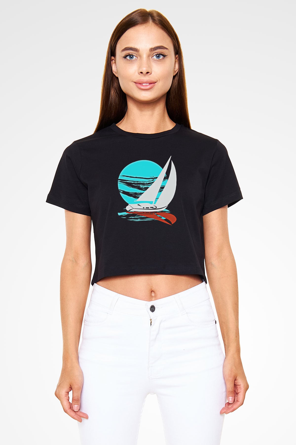 Yelken - Sail Baskılı Crop Top Siyah Kadın Tişört - Tshirt
