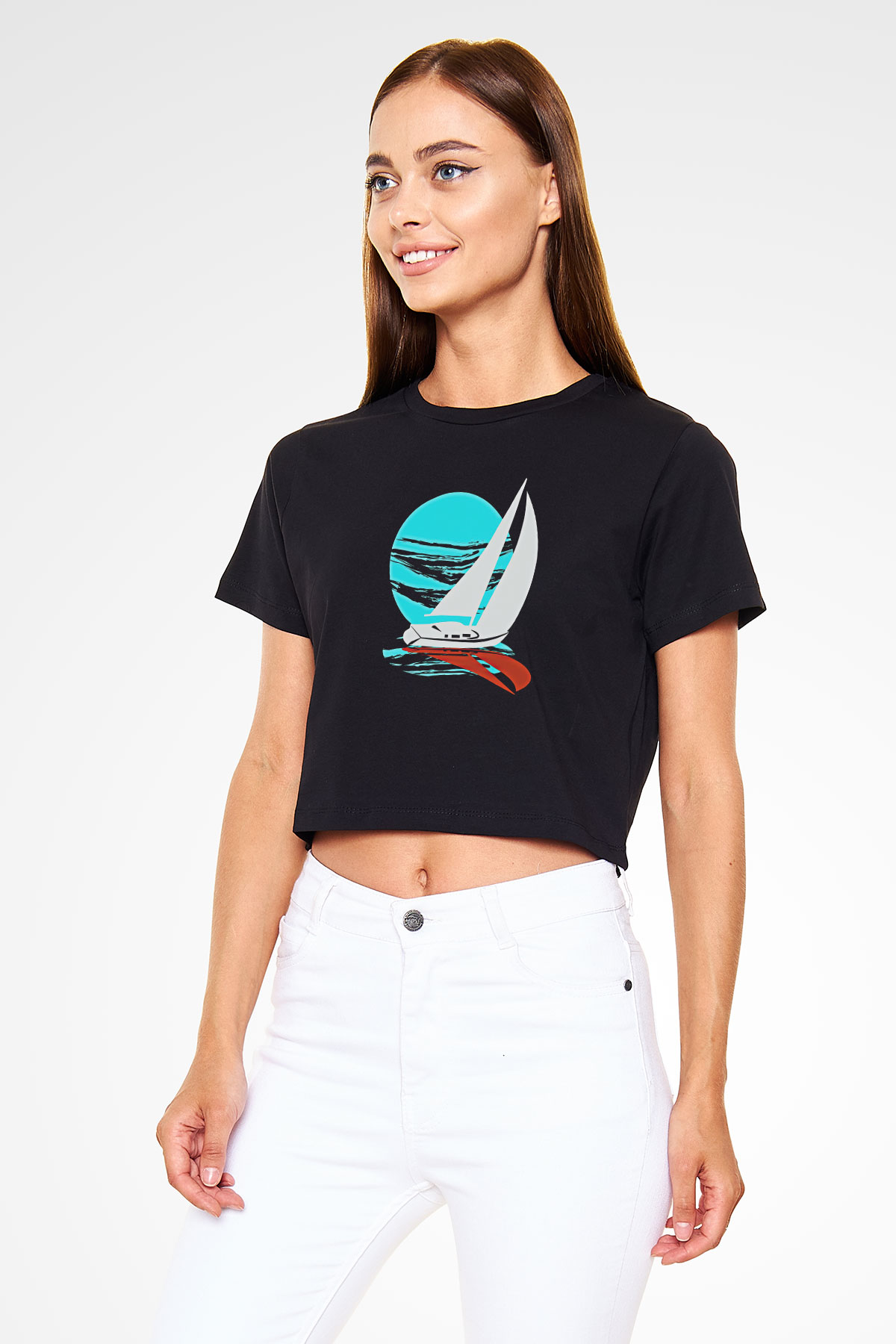 Yelken - Sail Baskılı Crop Top Siyah Kadın Tişört - Tshirt