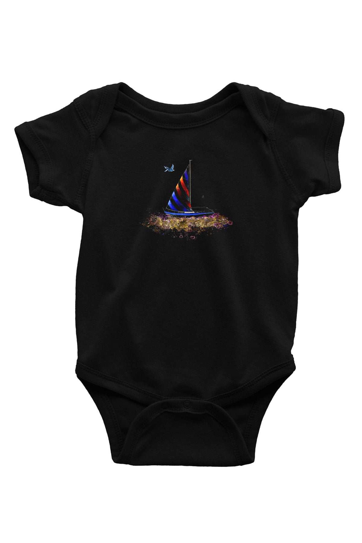 Yelken - Sail Baskılı Unisex Siyah Bebek Body - Zıbın