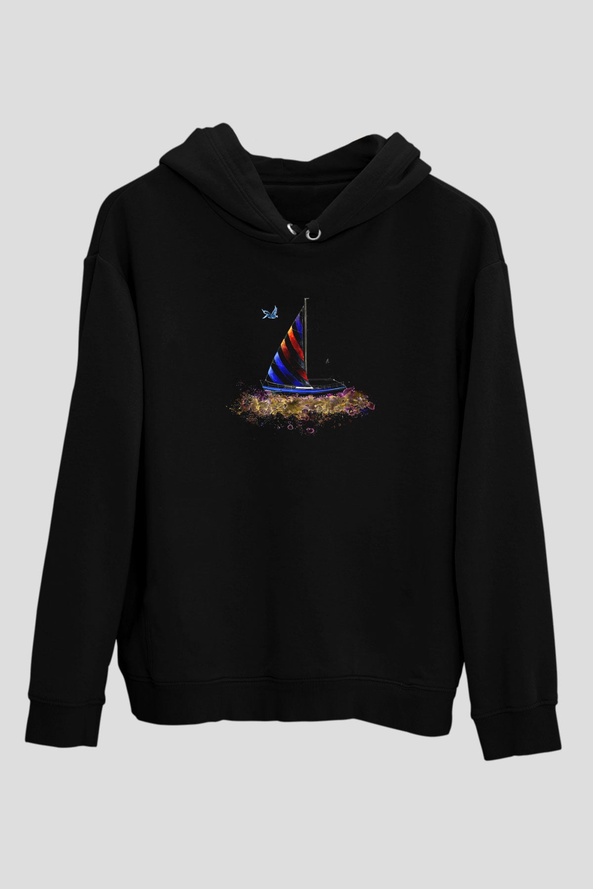 Yelken - Sail Baskılı Unisex Siyah Kapüşonlu Sweatshirt