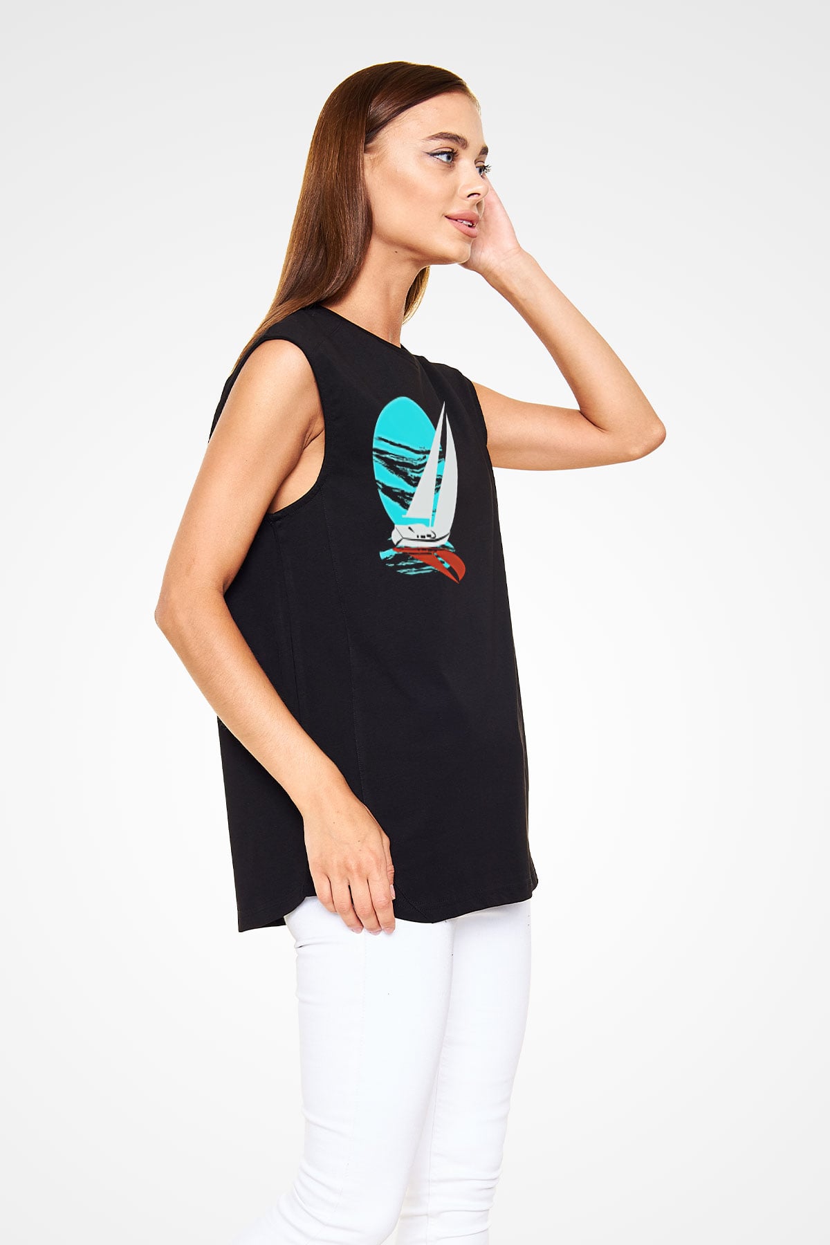 Yelken - Sail Baskılı Unisex Siyah Kolsuz Tişört