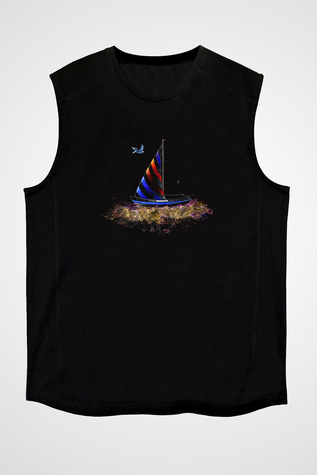 Yelken - Sail Baskılı Unisex Siyah Kolsuz Tişört