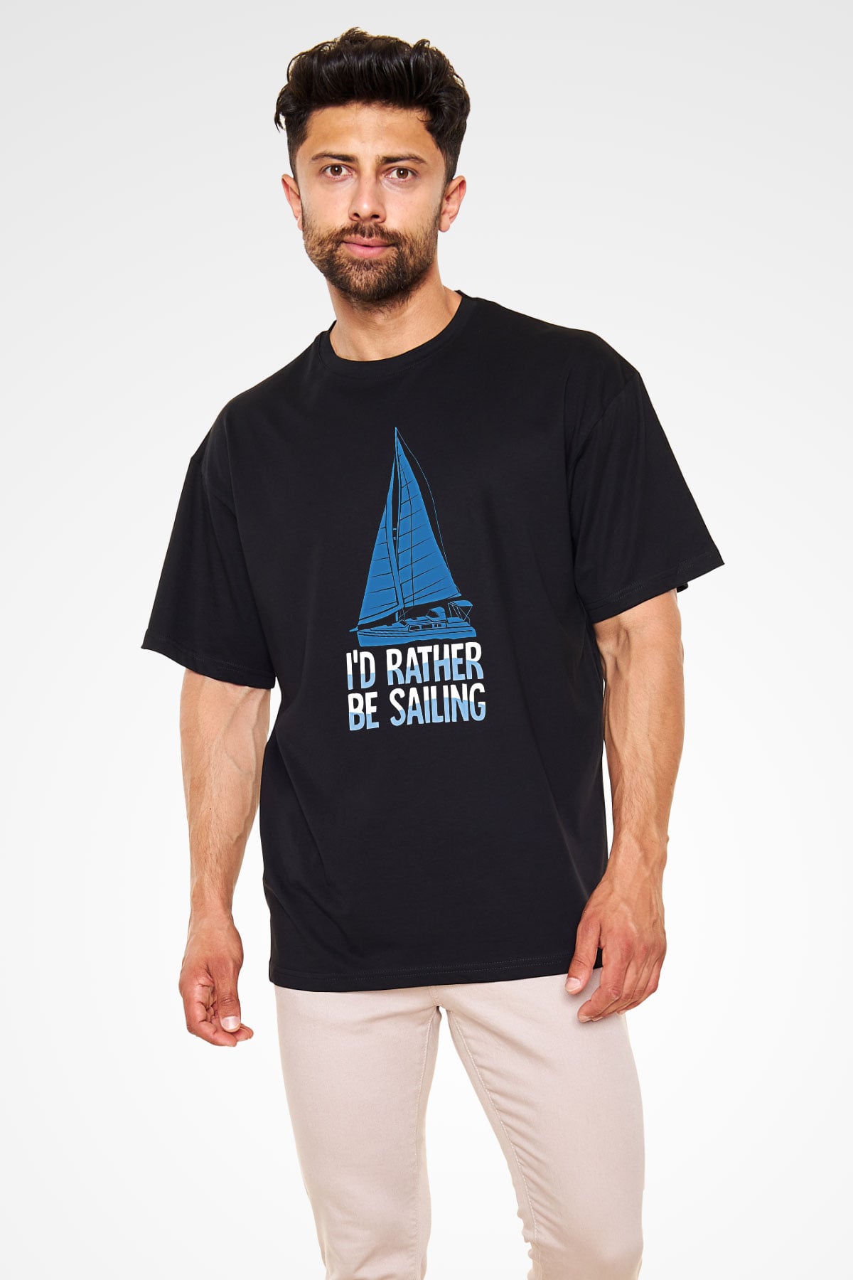 Yelken - Sail Baskılı Unisex Siyah Oversize Tişört