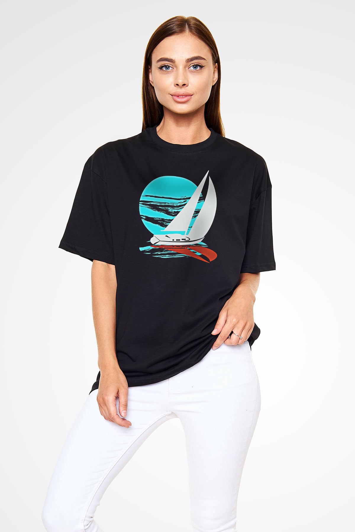 Yelken - Sail Baskılı Unisex Siyah Oversize Tişört