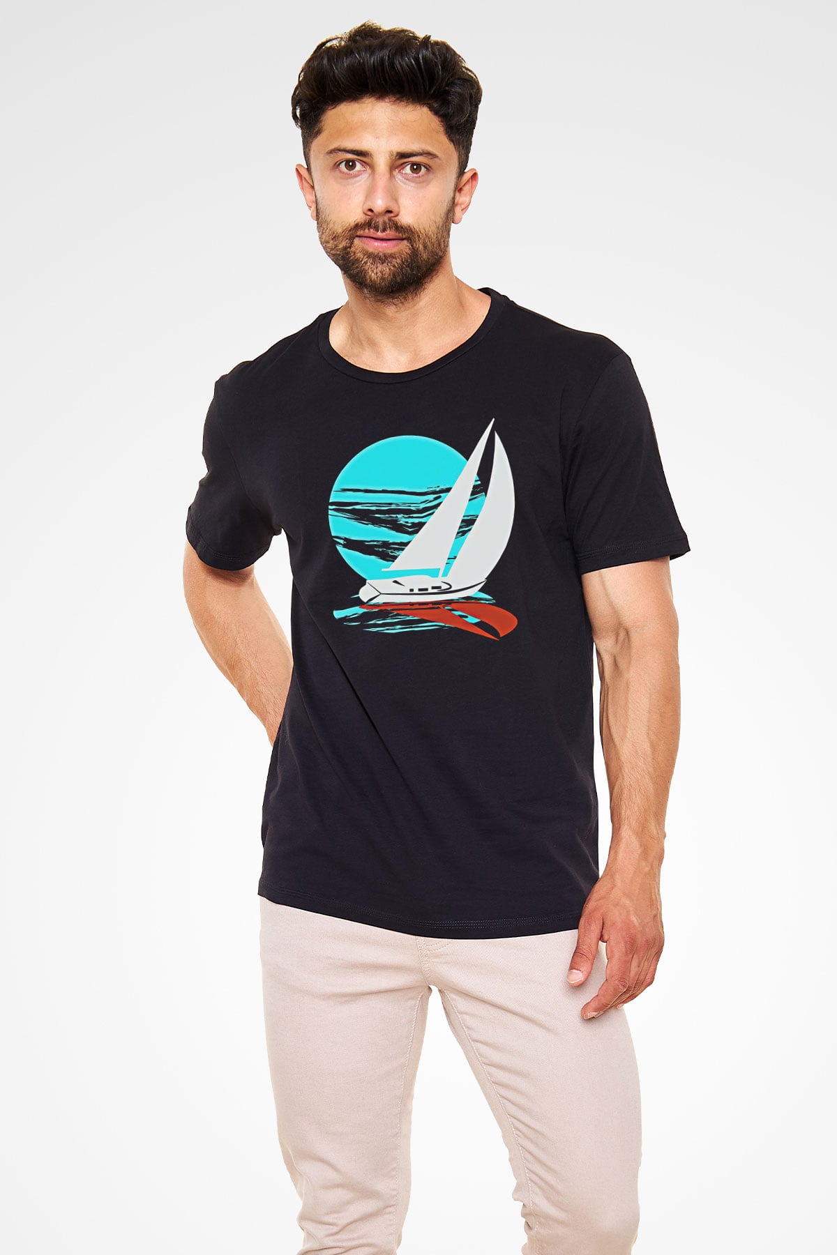 Yelken - Sail Baskılı Unisex Siyah Tişört - Tshirt