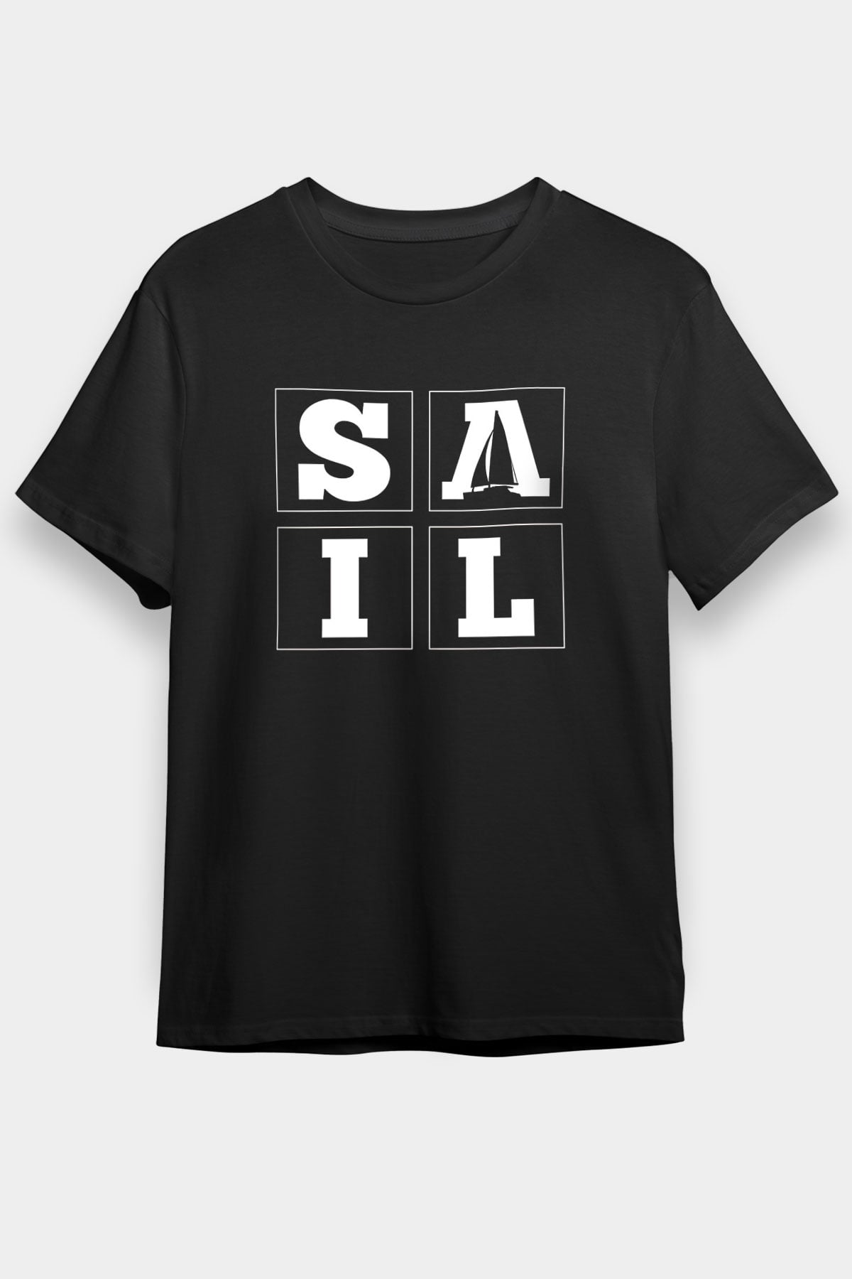Yelken - Sail Baskılı Unisex Siyah Tişört - Tshirt