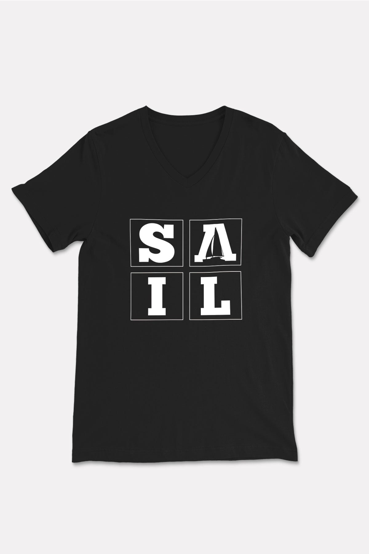 Yelken - Sail Baskılı Unisex Siyah V Yaka Tişört