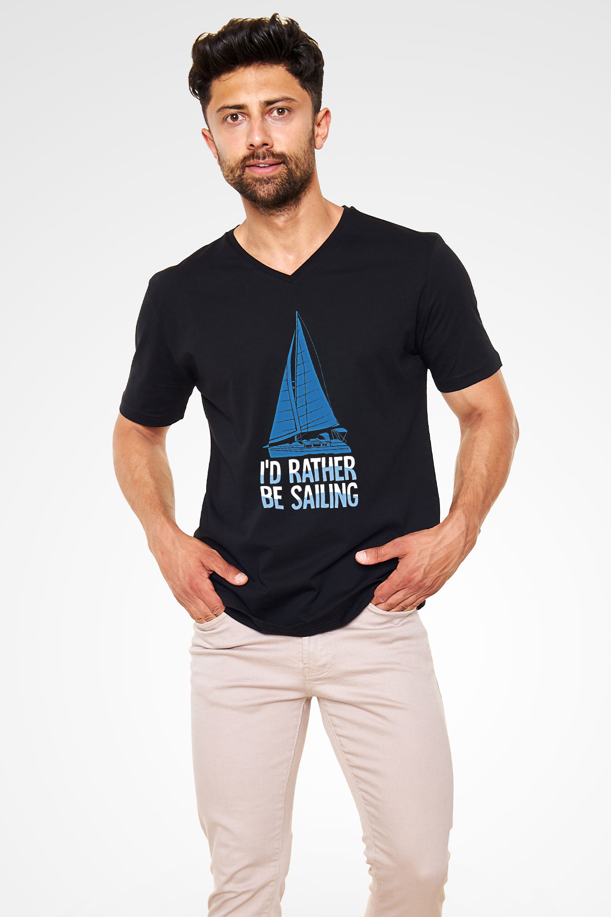 Yelken - Sail Baskılı Unisex Siyah V Yaka Tişört