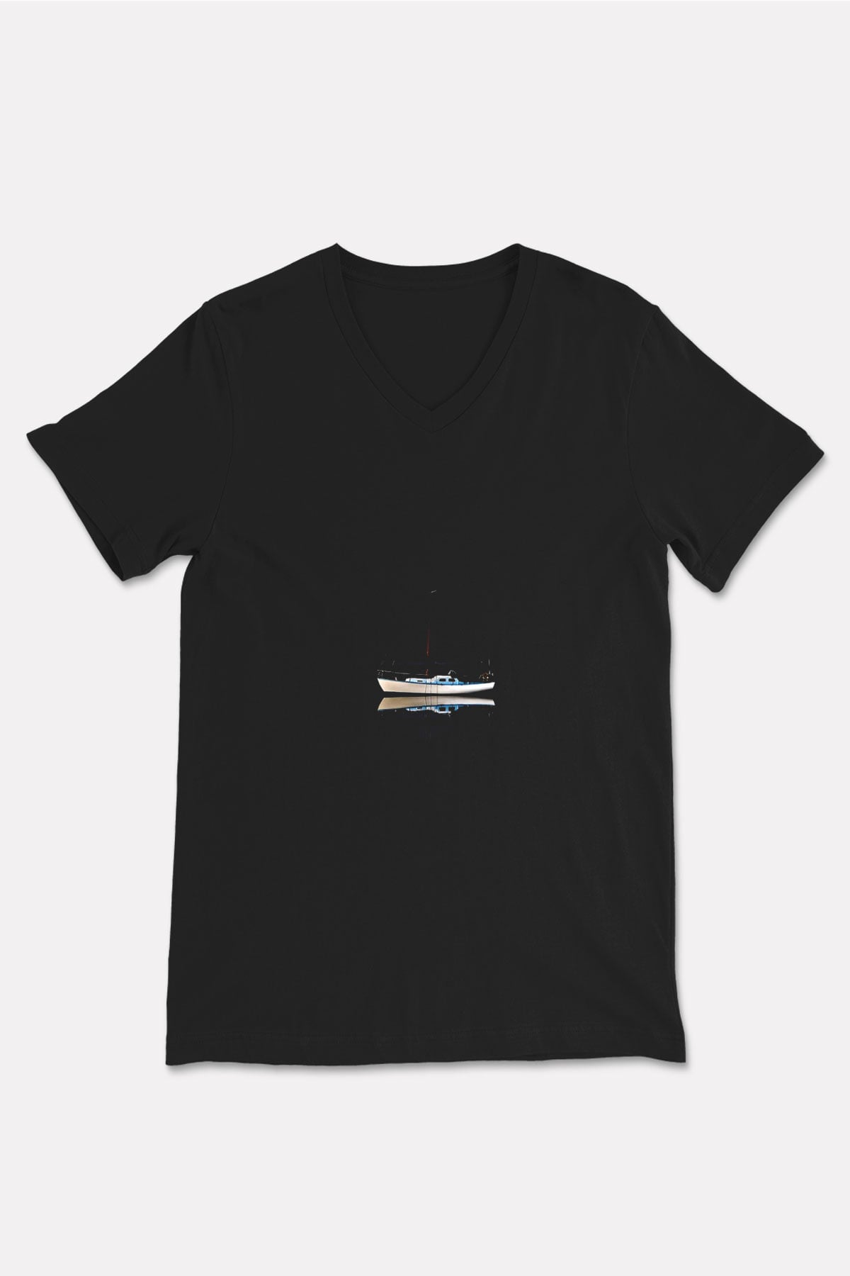 Yelken - Sail Baskılı Unisex Siyah V Yaka Tişört