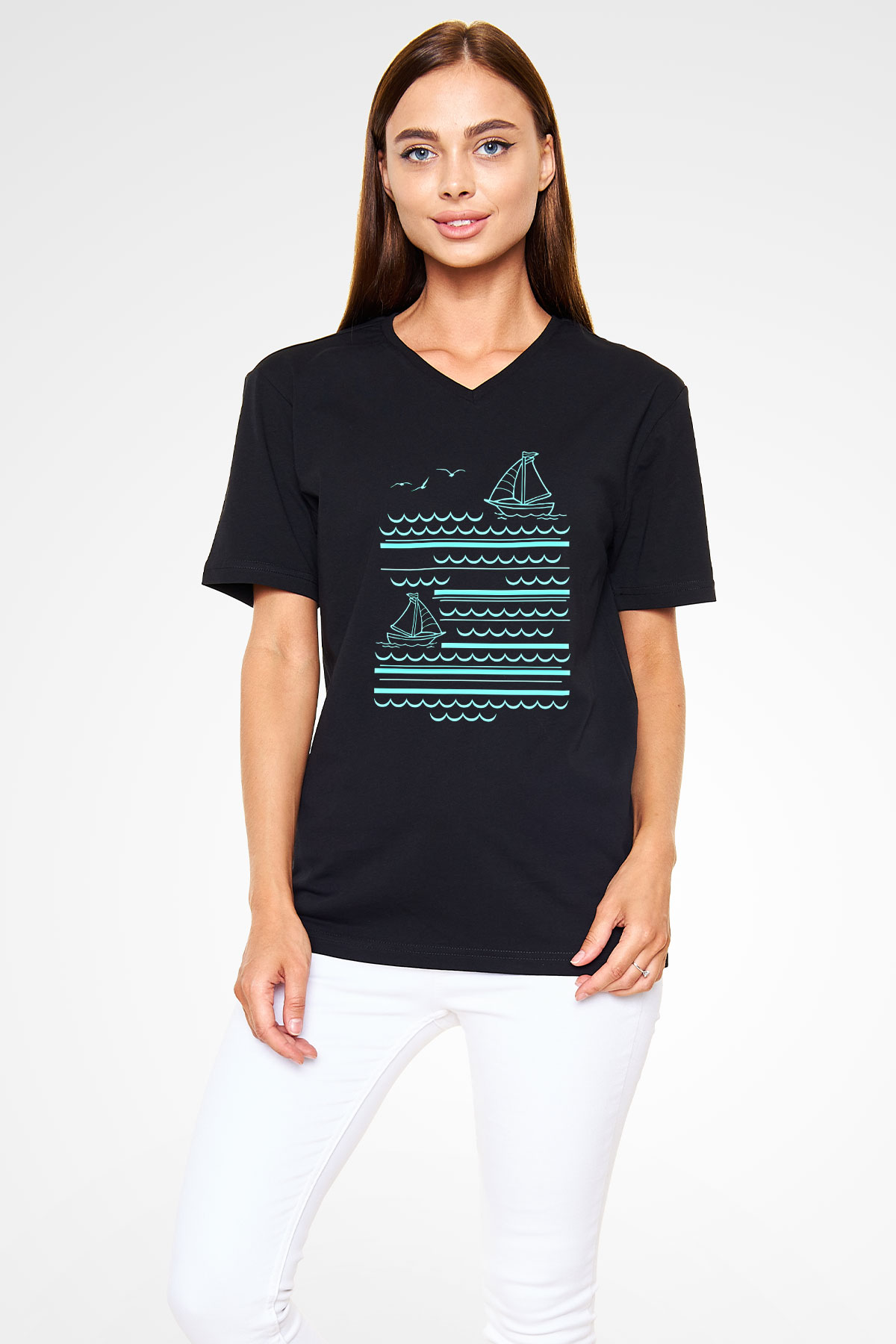 Yelken - Sail Baskılı Unisex Siyah V Yaka Tişört