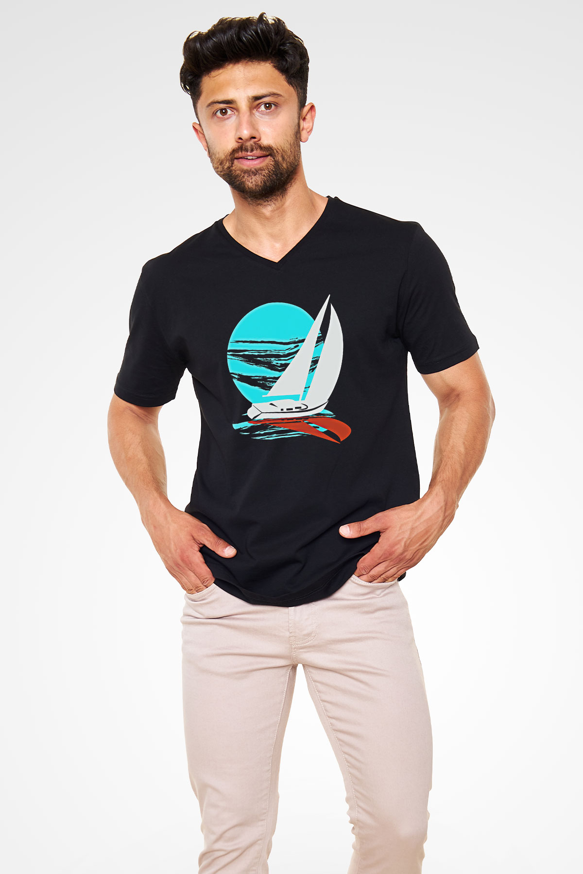 Yelken - Sail Baskılı Unisex Siyah V Yaka Tişört