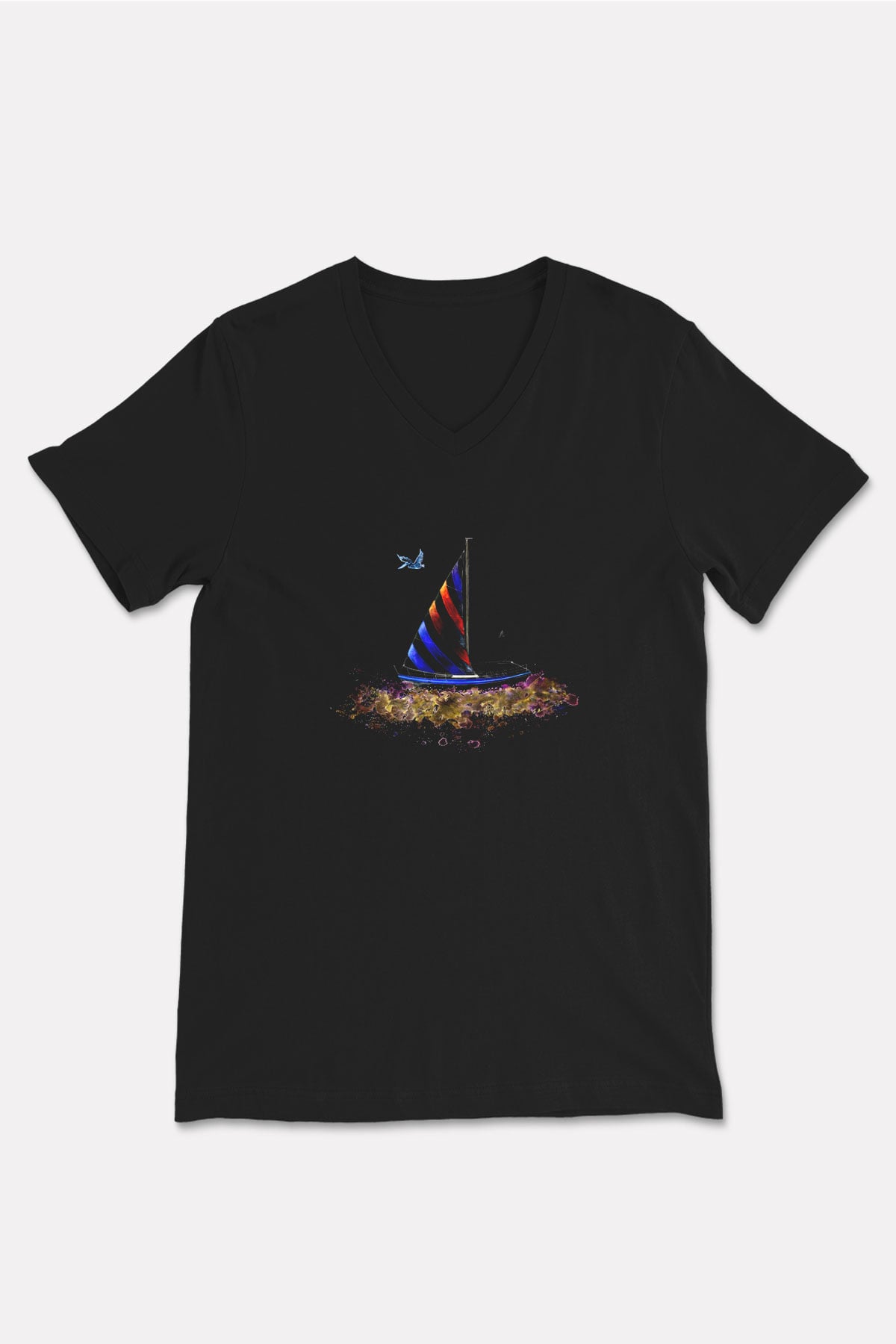 Yelken - Sail Baskılı Unisex Siyah V Yaka Tişört