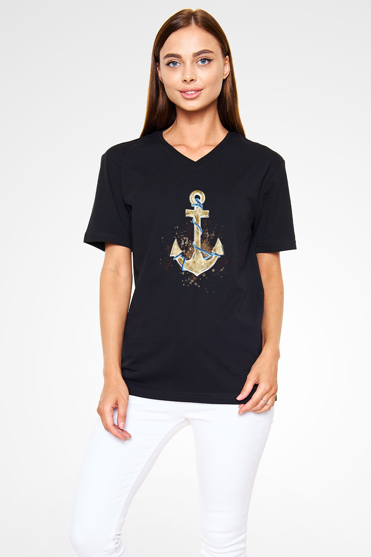 Yelken - Sail Baskılı Unisex Siyah V Yaka Tişört