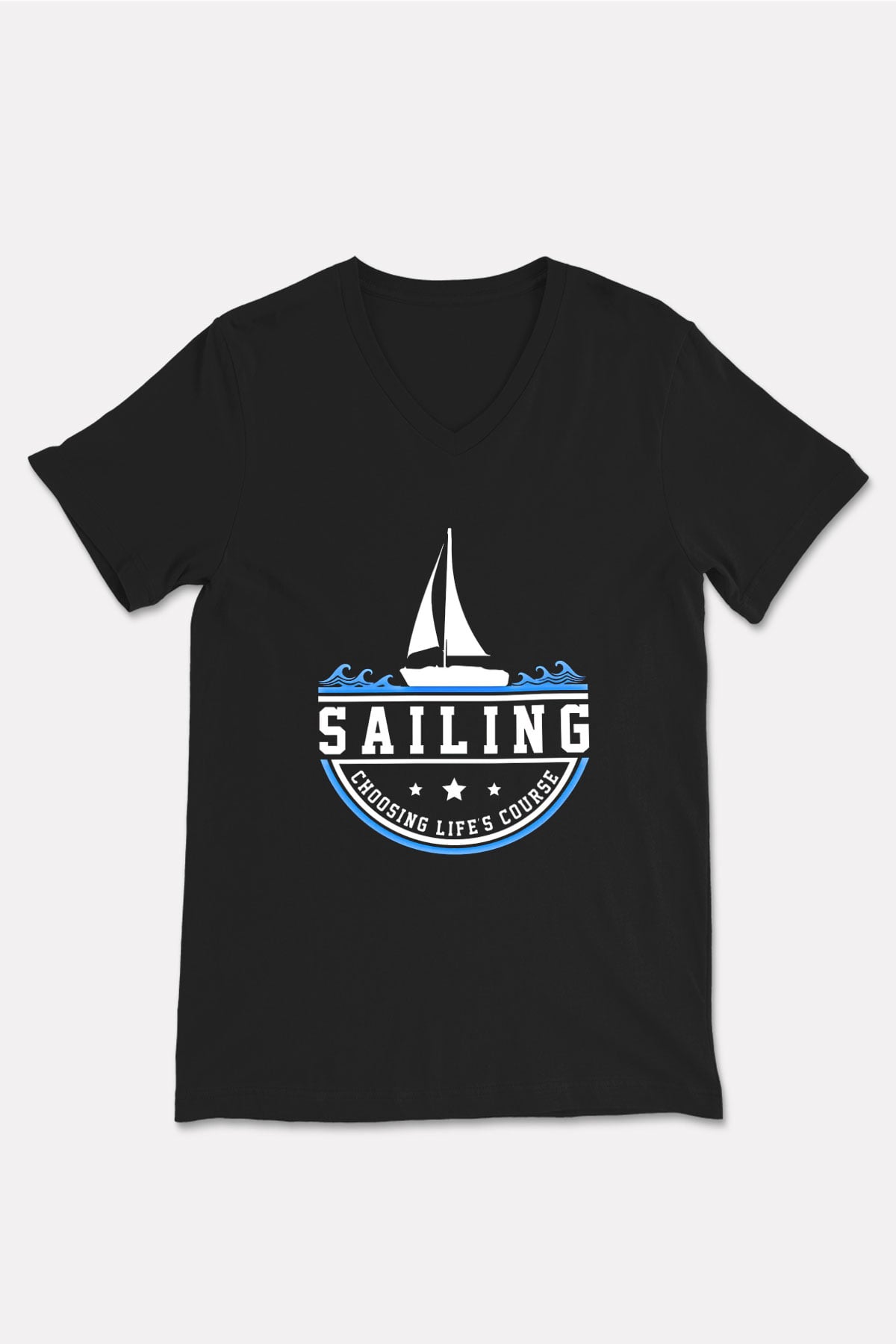 Yelken - Sail Baskılı Unisex Siyah V Yaka Tişört