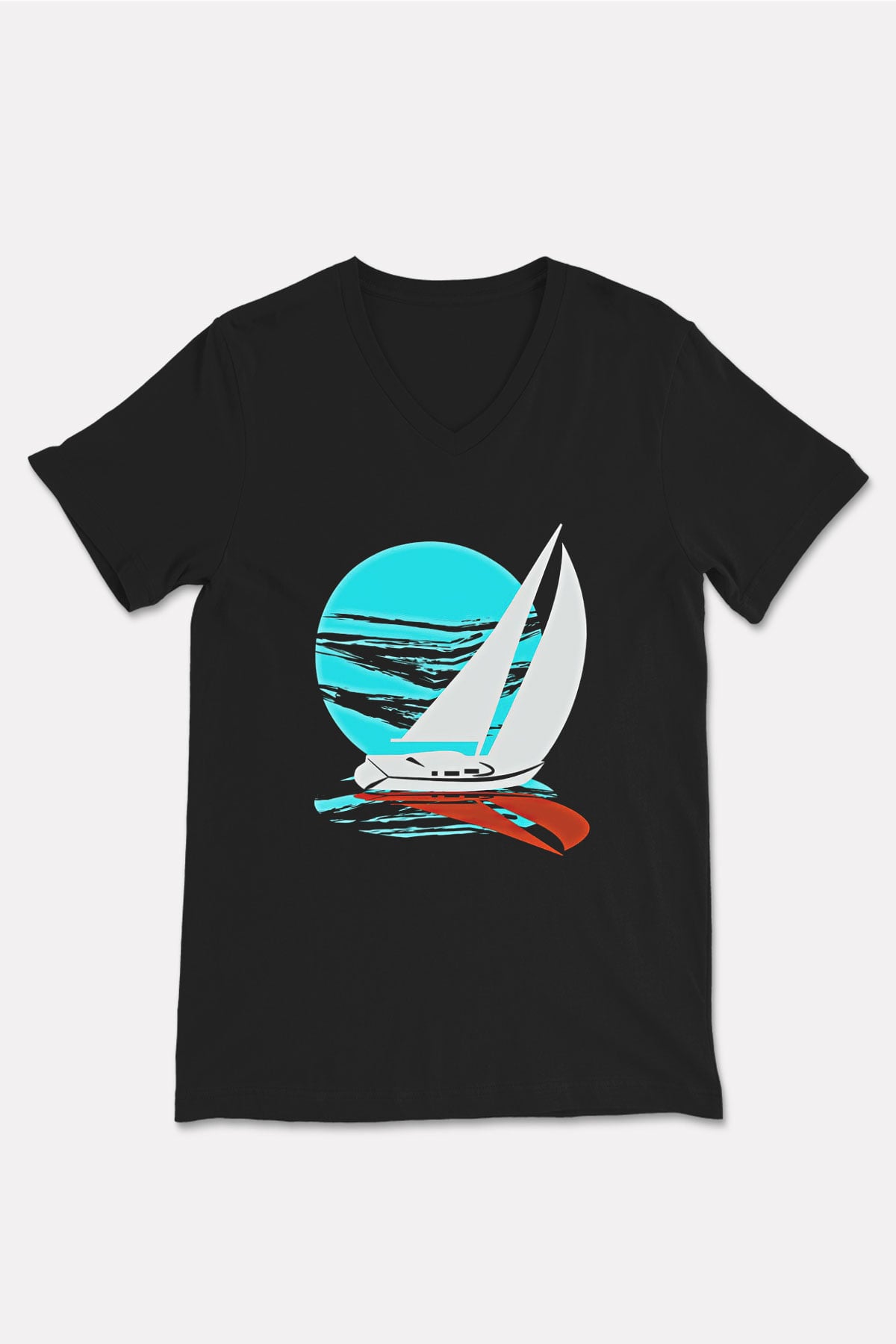 Yelken - Sail Baskılı Unisex Siyah V Yaka Tişört