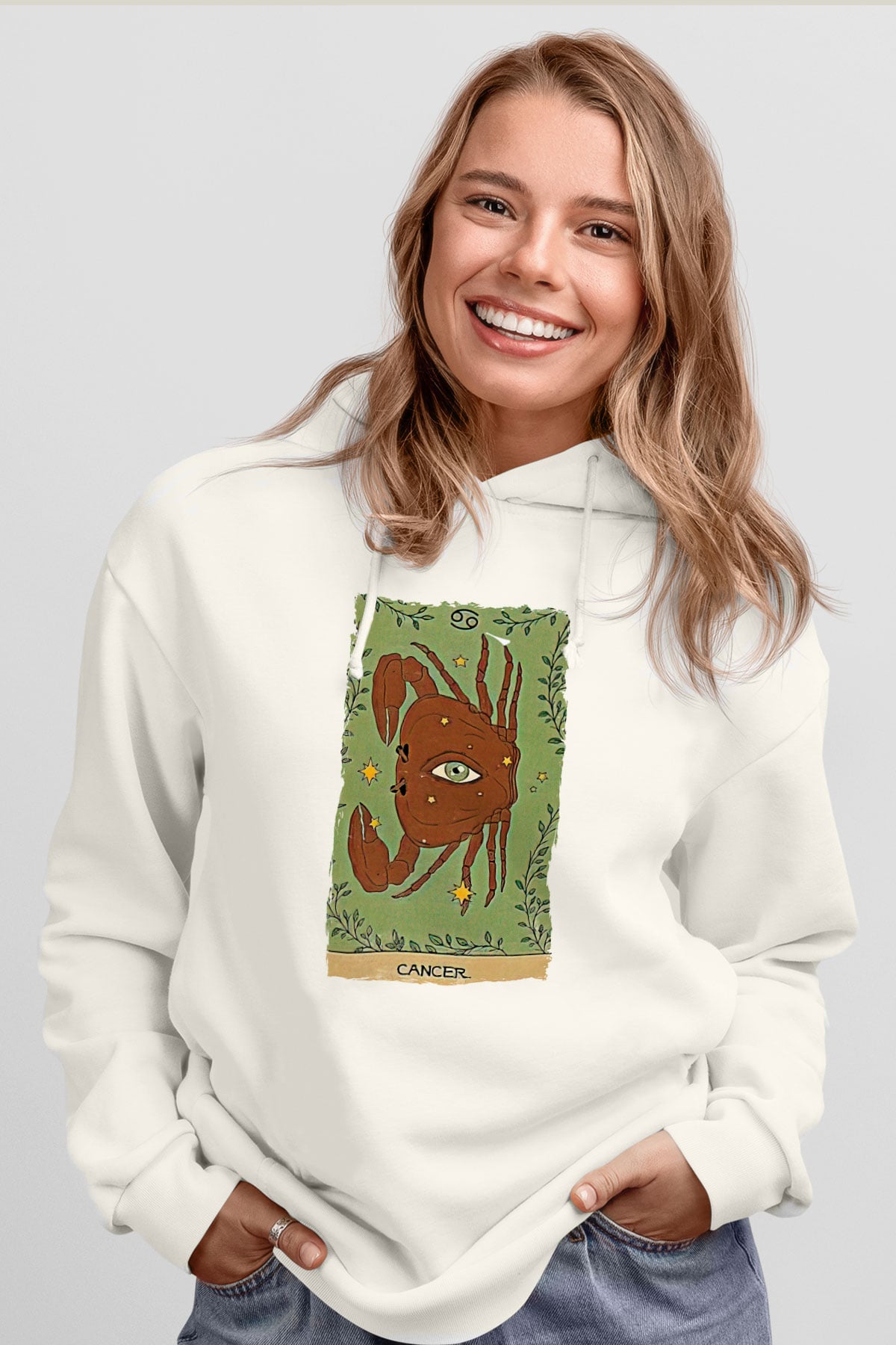 Yengeç Burcu Baskılı Beyaz Unisex Hoodie