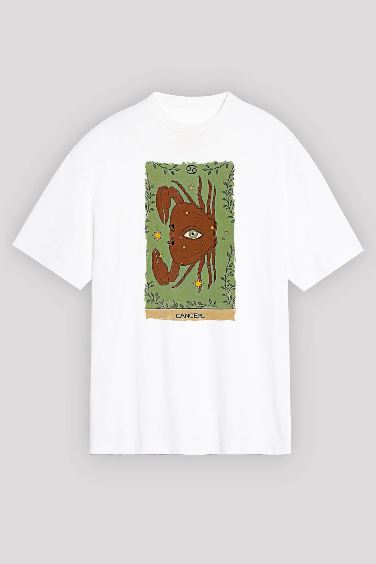 Yengeç Burcu Baskılı Beyaz Unisex Oversize Tişört - Tshirt
