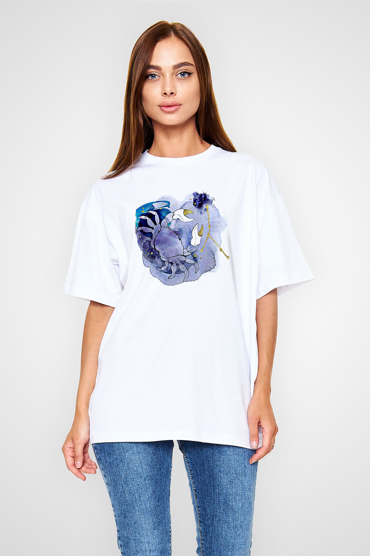 Yengeç Burcu Baskılı Beyaz Unisex Oversize Tişört - Tshirt
