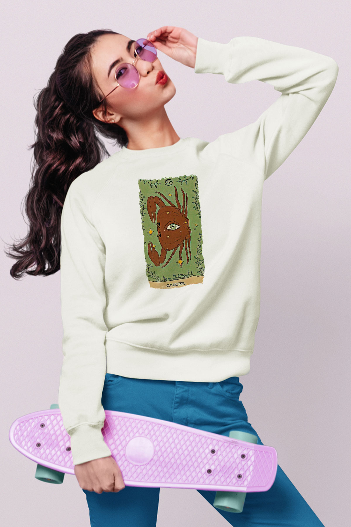 Yengeç Burcu Baskılı Beyaz Unisex Sweatshirt