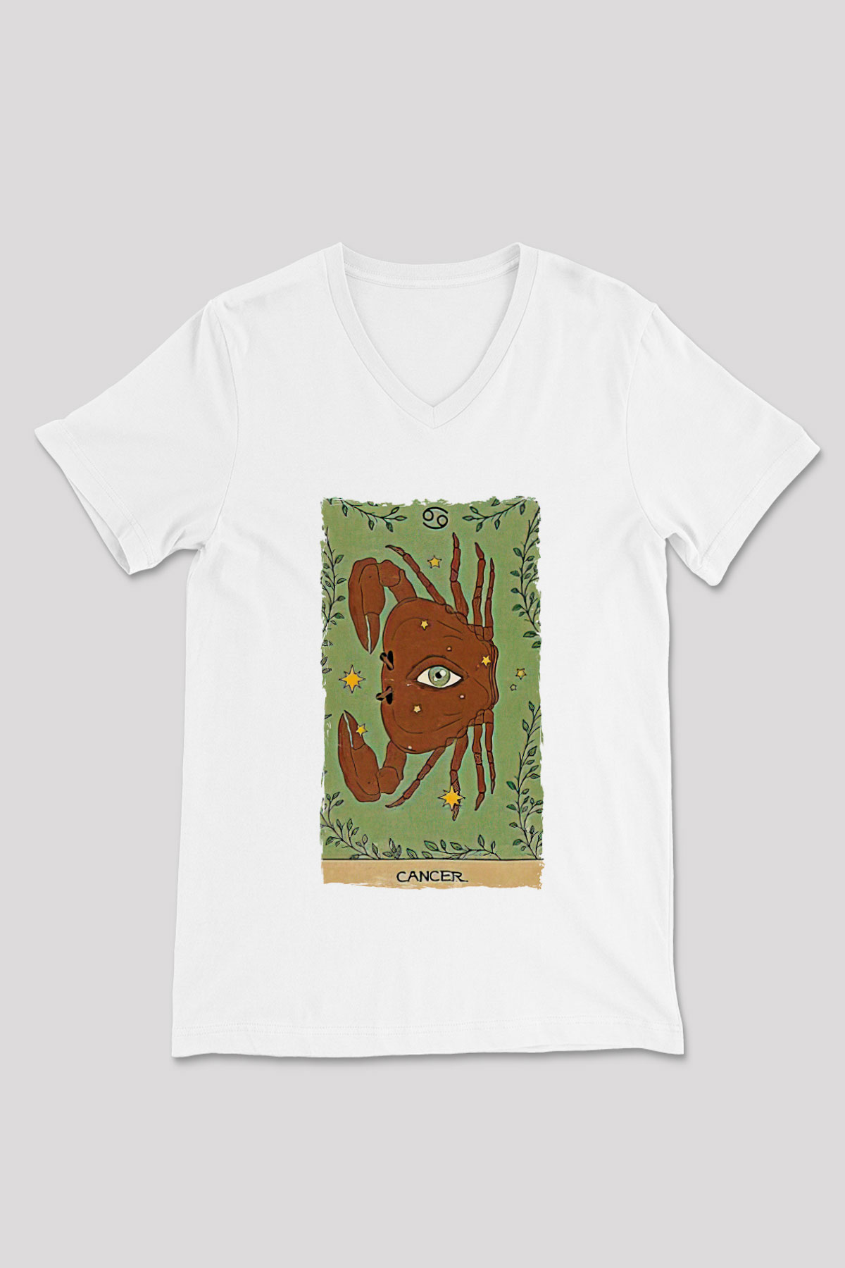 Yengeç Burcu Baskılı Beyaz Unisex V Yaka Tişört - Tshirt