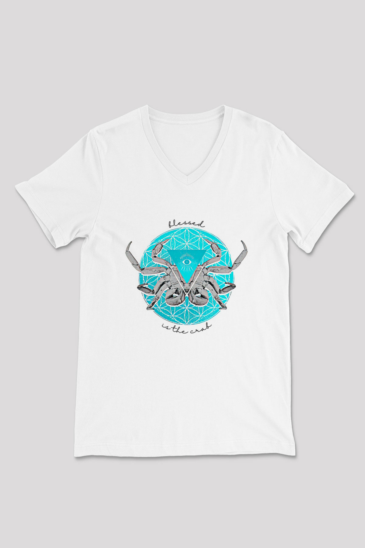 Yengeç Burcu Baskılı Beyaz Unisex V Yaka Tişört - Tshirt