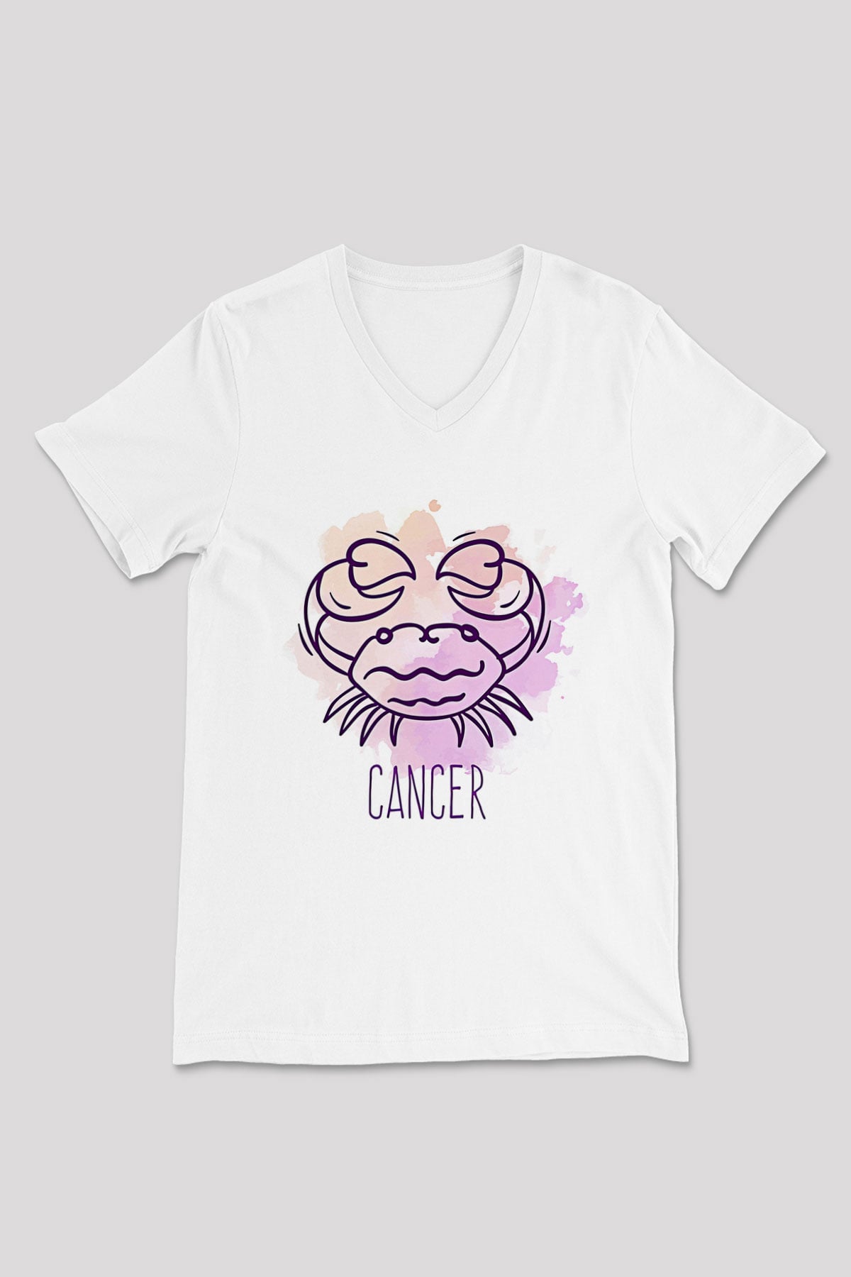 Yengeç Burcu Baskılı Beyaz Unisex V Yaka Tişört - Tshirt
