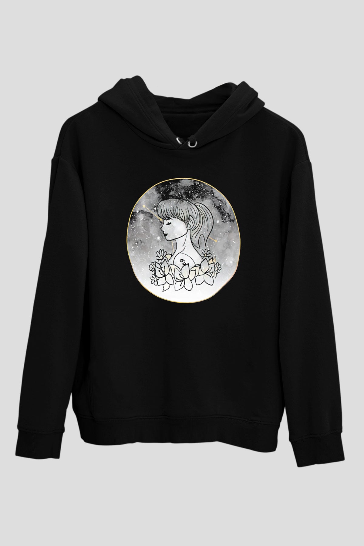Yengeç Burcu Baskılı Unisex Siyah Hoodie