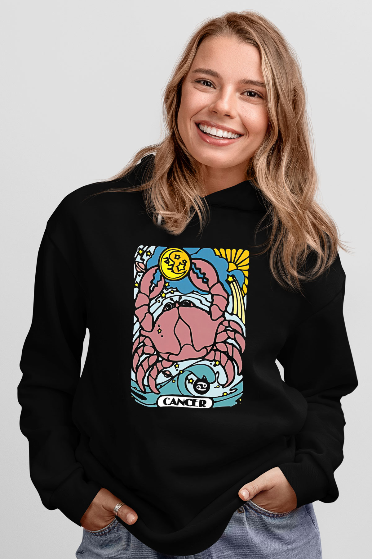 Yengeç Burcu Baskılı Unisex Siyah Hoodie