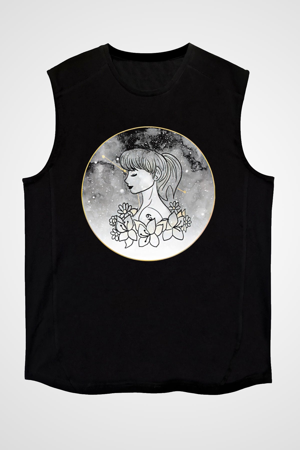Yengeç Burcu Baskılı Unisex Siyah Kolsuz Tişört - Tshirt
