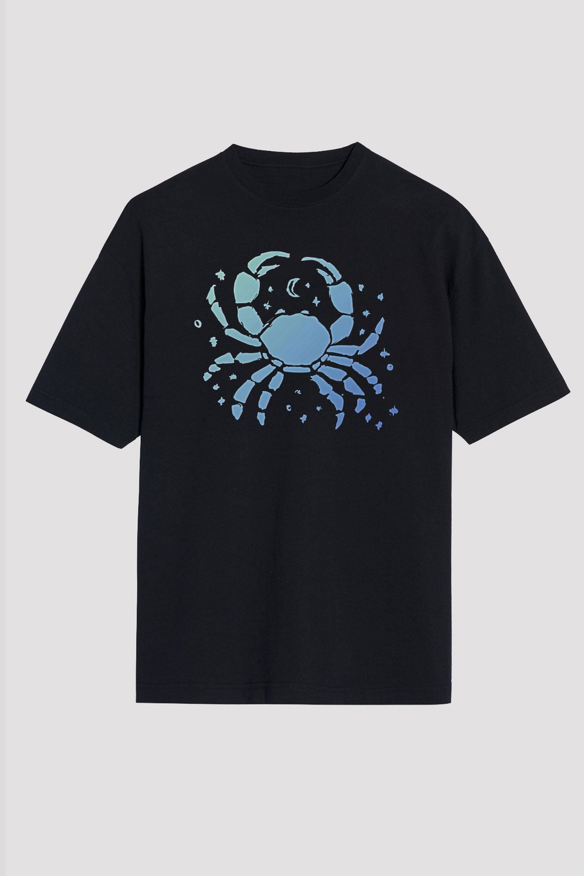 Yengeç Burcu Baskılı Unisex Siyah Oversize Tişört - Tshirt