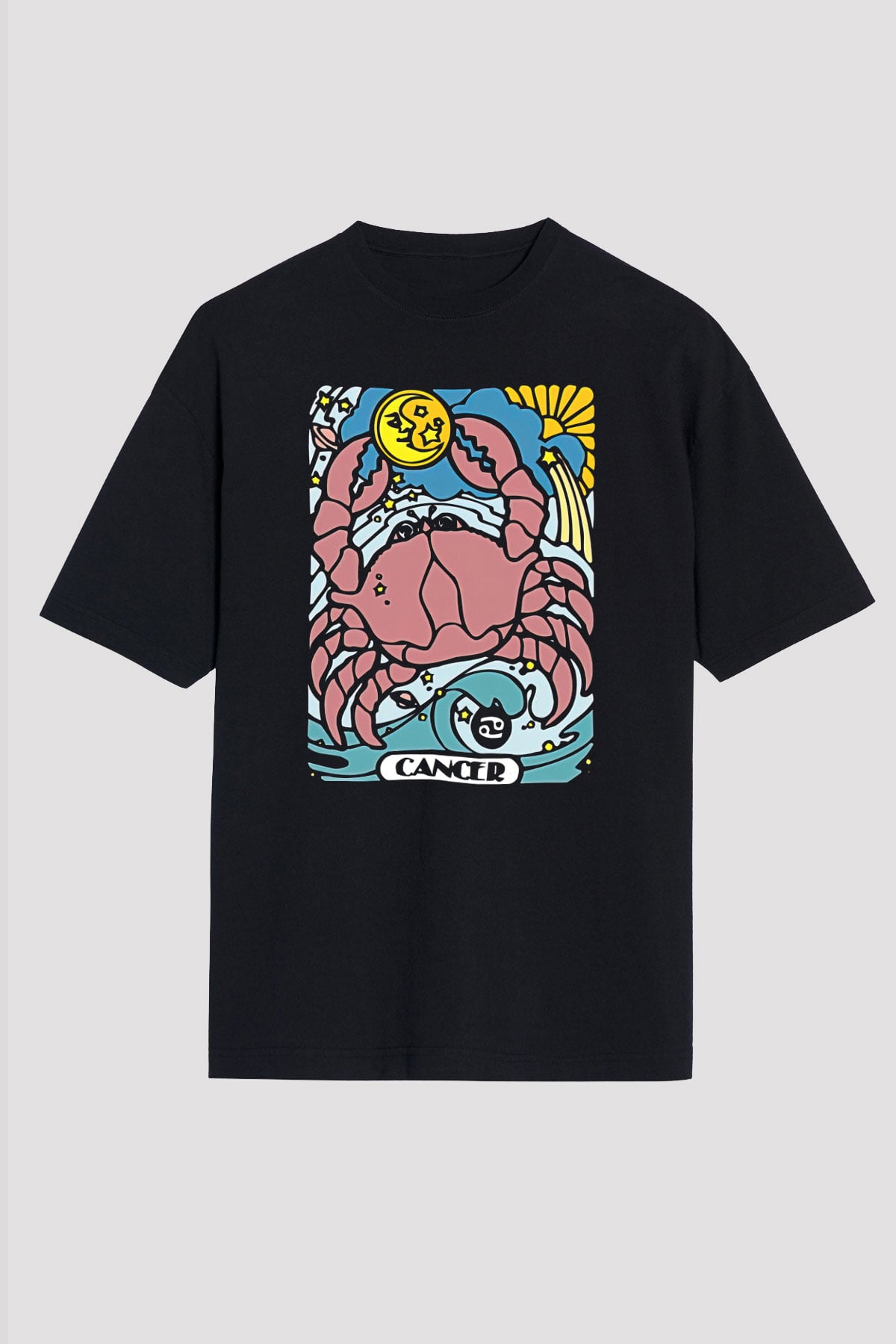 Yengeç Burcu Baskılı Unisex Siyah Oversize Tişört - Tshirt