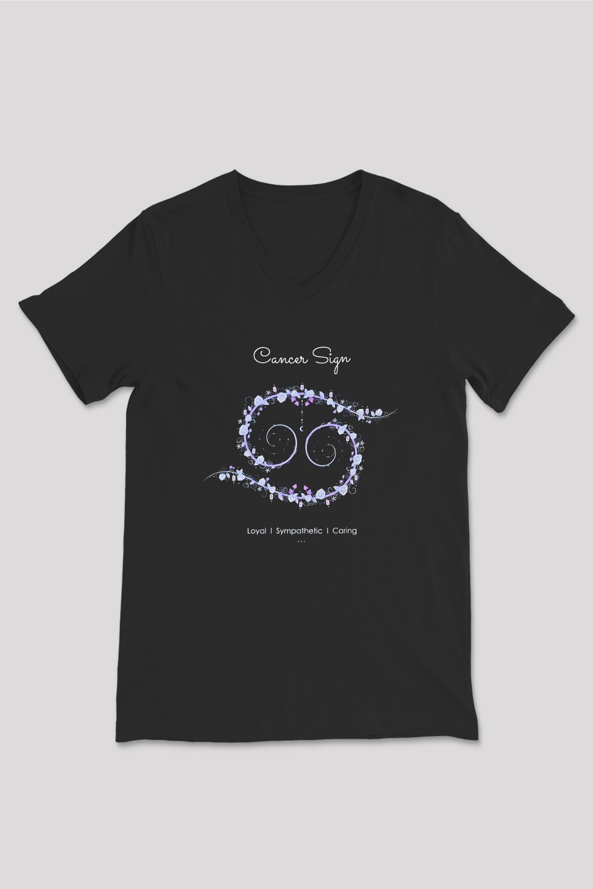 Yengeç Burcu Baskılı Unisex Siyah V Yaka Tişört - Tshirt