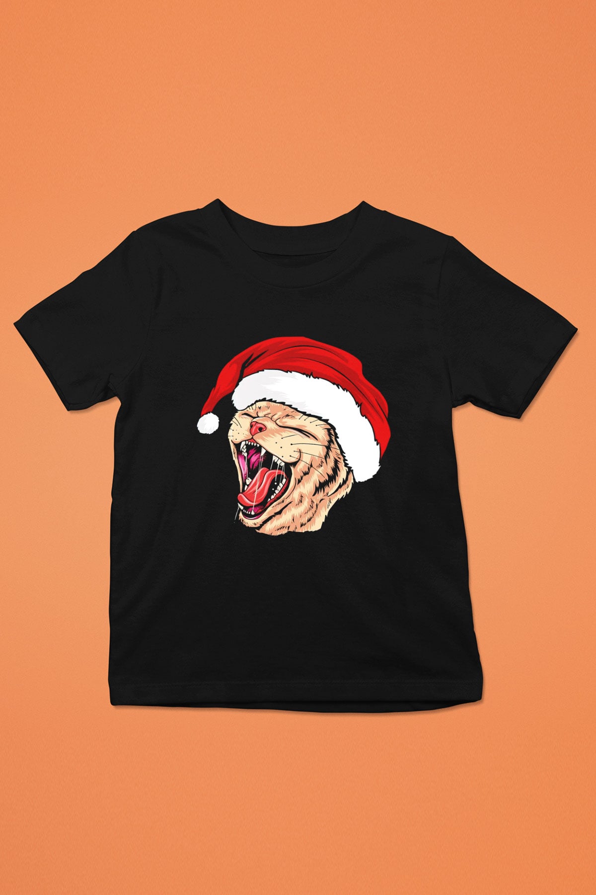Yeni Yıl Kedi Baskılı Unisex Siyah  Çocuk Tişört
