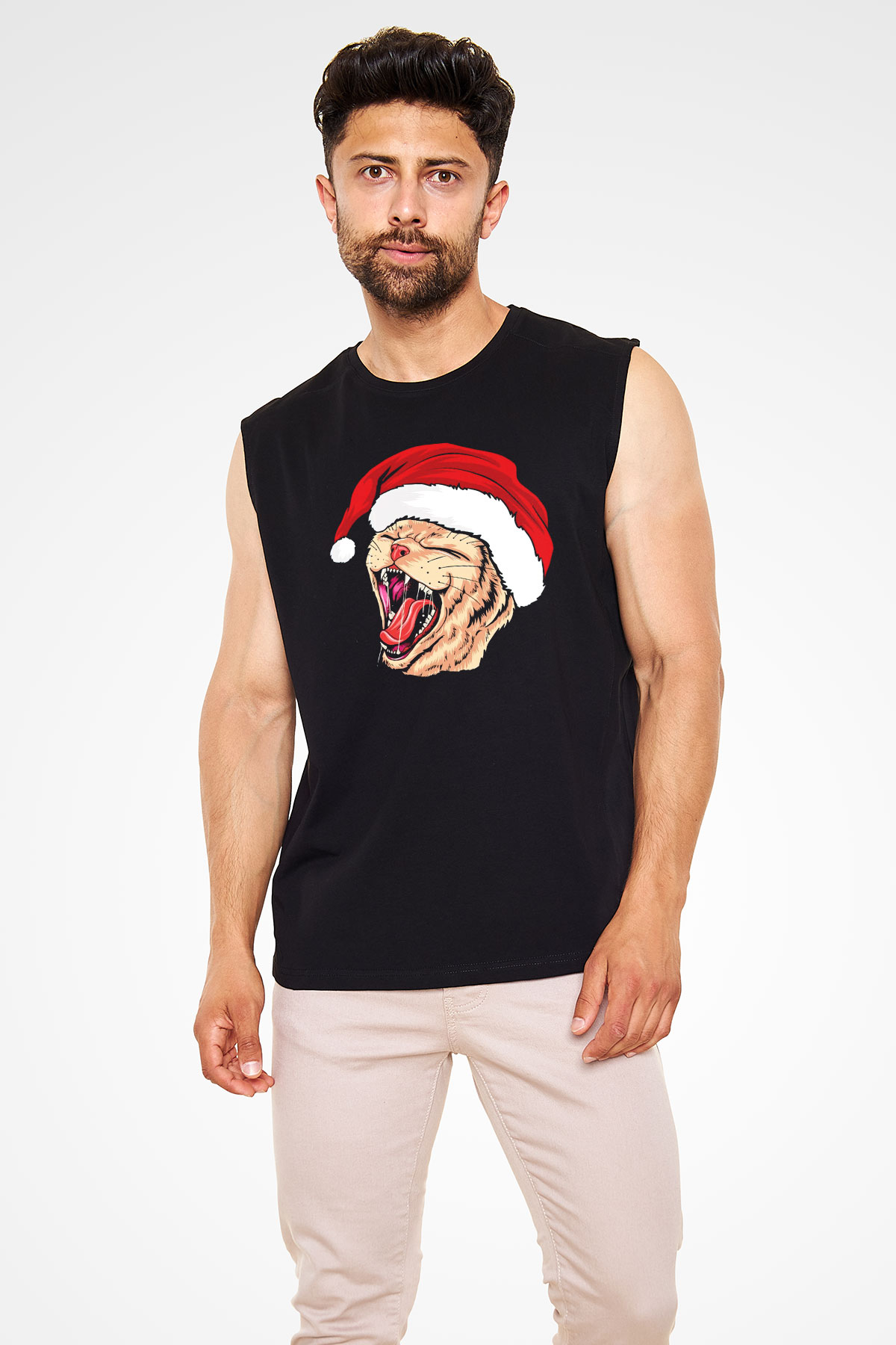 Yeni Yıl Kedi Baskılı Unisex Siyah  Kolsuz Tişört