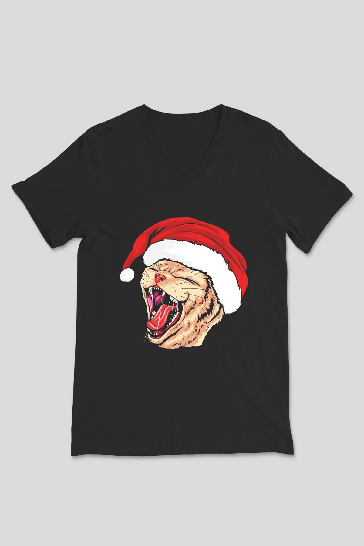 Yeni Yıl Kedi Baskılı Unisex Siyah  V Yaka Tişört