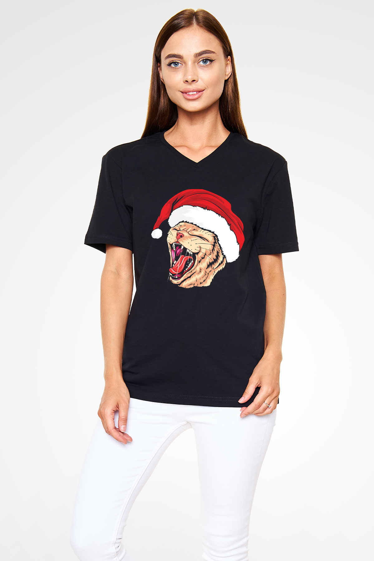 Yeni Yıl Kedi Baskılı Unisex Siyah  V Yaka Tişört