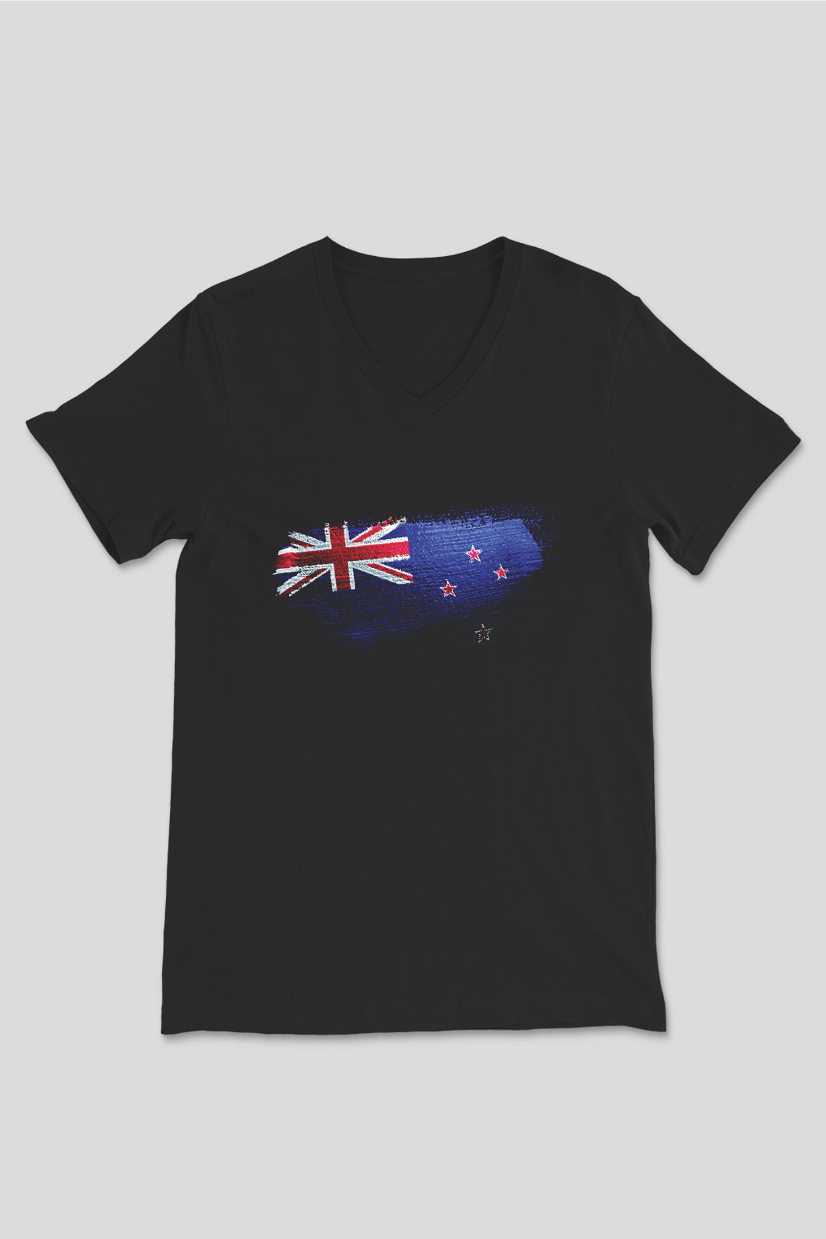 Yeni Zelanda - New Zealand Bayrağı Baskılı Unisex Siyah V Yaka Tişört