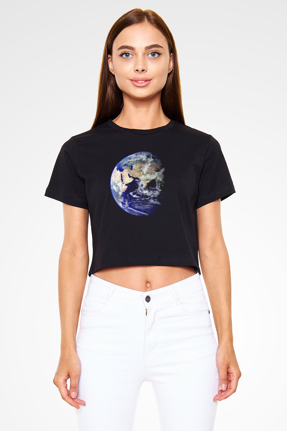 Yer yüzü Siyah  Crop Top Tişört