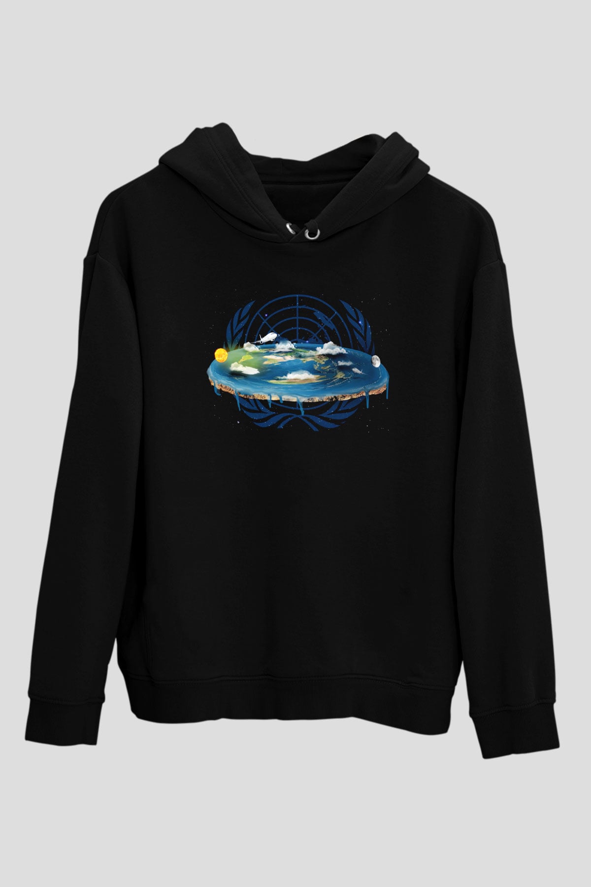 Yer yüzü Siyah Unisex Kapüşonlu Sweatshirt